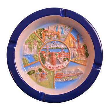 Myros - Antalya Themed Ceramic Round Dark Blue Anchor Ashtray