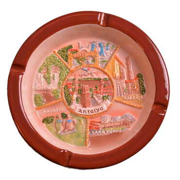 Myros - Antalya Themed Ceramic Round Dark Brown Anchor Ashtray