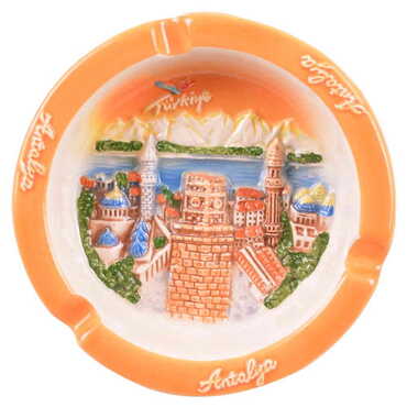 Myros - Antalya Themed Ceramic Round Orange Anchor Ashtray