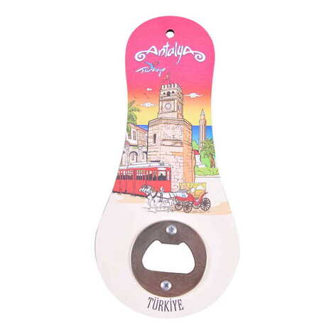 Antalya Themed Classic Shaped Printed MDF Wooden Bottle Opener 170x79 mm