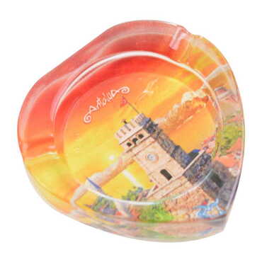 Antalya Themed Custom Printed Heart Shaped Glass Ashtray - Thumbnail