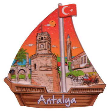 Myros - Antalya Themed Customised UV Printed Plastic Base Sail Ship Shaped Fridge Magnet 77x80 mm