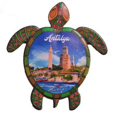 Myros - Antalya Themed Customised UV Printed Plastic Base Turtle Shaped Fridge Magnet 80x74 mm