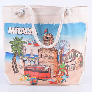 Myros - Antalya Themed Digital Printed Kanvas Beach Bag 35x40 cm