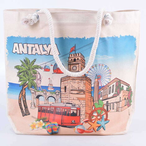 Antalya Themed Digital Printed Kanvas Beach Bag 35x40 cm - 1