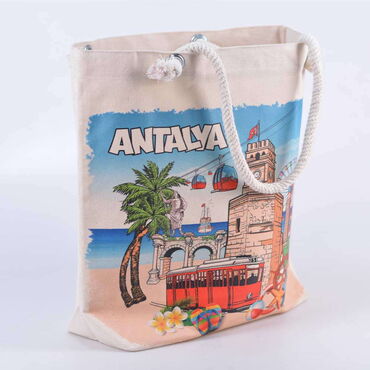 Antalya Themed Digital Printed Kanvas Beach Bag 35x40 cm - Thumbnail