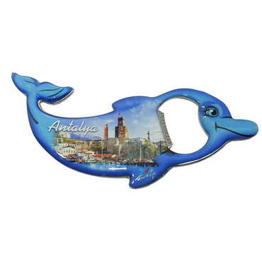 Myros - Antalya Themed Dolphin Shaped Metal Magnetic Bottle Opener 102x67 mm