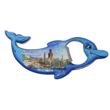 Antalya Themed Dolphin Shaped Metal Magnetic Bottle Opener 102x67 mm