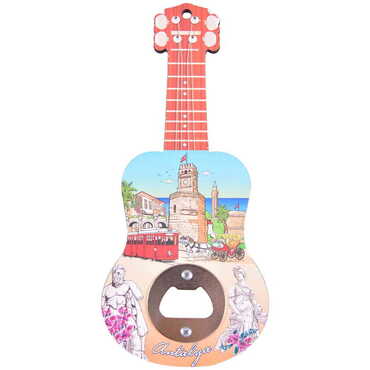 Antalya Themed Guitar Shaped Printed MDF Wooden Bottle Opener 200x89 mm - Myros