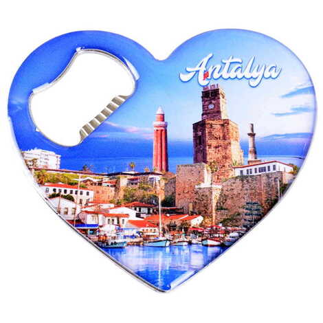 Antalya Themed Heart Shaped Metal Magnetic Bottle Opener 85x76 mm