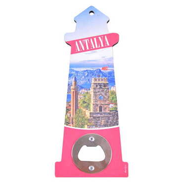 Antalya Themed Lighthouse Shaped Printed MDF Wooden Bottle Opener 188x77 mm - Myros
