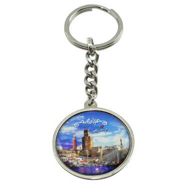 Antalya Themed Metal Double Face Round Keychain 40x95 mm - Thumbnail