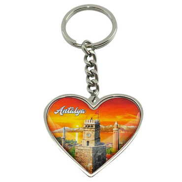 Antalya Themed Metal Heart ShapedDouble Face Keychain 45x90 mm - Thumbnail