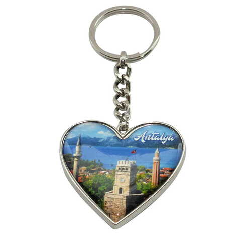 Antalya Themed Metal Heart ShapedDouble Face Keychain 45x90 mm - 6