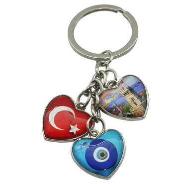 Antalya Themed Metal Keychain With 3 Charms - Heart 40x85 mm - Thumbnail