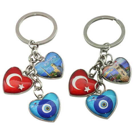 Antalya Themed Metal Keychain With 3 Charms - Heart 40x85 mm - 2