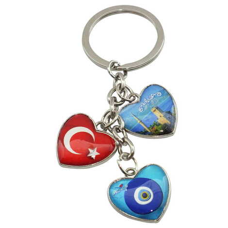 Antalya Themed Metal Keychain With 3 Charms - Heart 40x85 mm - 4