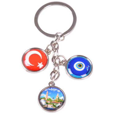 Myros - Antalya Themed Metal Keychain With 3 Charms - Mixed 40x90 mm