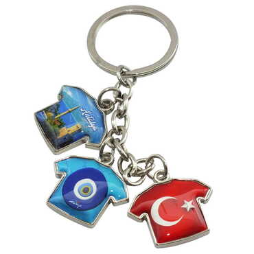 Antalya Themed Metal Keychain With 3 Charms - T-Shirt 40x95 mm - Thumbnail