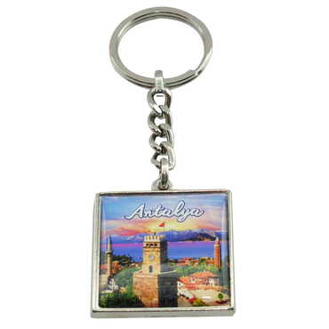 Myros - Antalya Themed Metal Square Shaped Double Face Keychain 36x95 mm