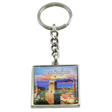 Antalya Themed Metal Square Shaped Double Face Keychain 36x95 mm