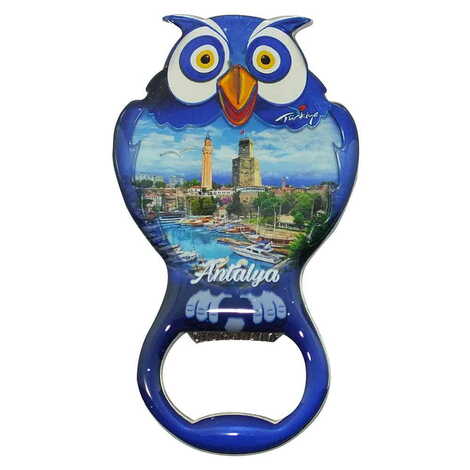 Antalya Themed Owl Shaped Metal Magnetic Bottle Opener 88x47 mm