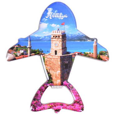 Myros - Antalya Themed Plane Shaped Metal Magnetic Bottle Opener 105x89 mm