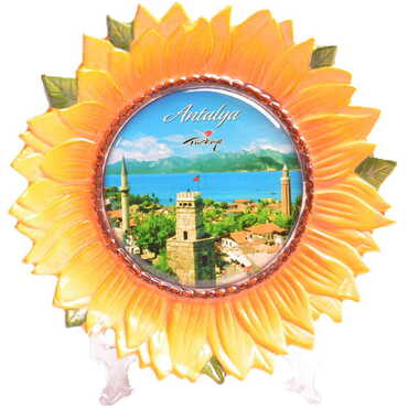 Myros - Antalya Themed Sunflower Shaped Ceramic Decorative Plate 15 Cm