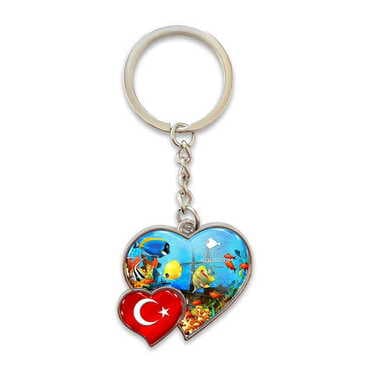 Aquapark Themed Metal Double Heart Shaped Keychain 40x94 mm