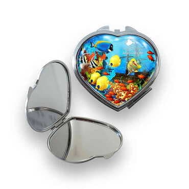 Aquapark Themed Customised Metal Epoxy Travel Make Up Compact Heart Shaped Mirror 70x65x8 mm