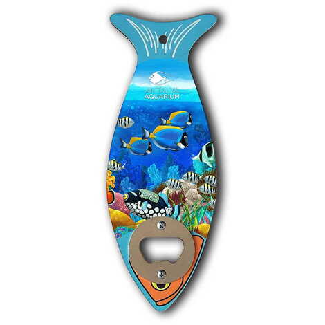 Aquapark Themed Fish Shaped Printed MDF Wooden Bottle Opener 190x70 mm