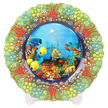 Aquapark Themed Turkish Ceramic Plate With Epoxy 18 Cm - Thumbnail