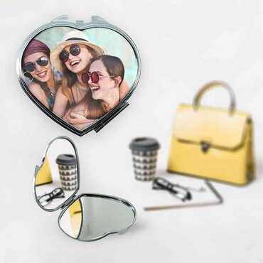 Myros - Friend Themed Customised Metal Epoxy Travel Make Up Compact Heart Shaped Mirror 70x65x8 mm