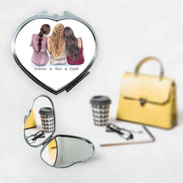 Myros - Friend Themed Customised Metal Epoxy Travel Make Up Compact Heart Shaped Mirror 70x65x8 mm