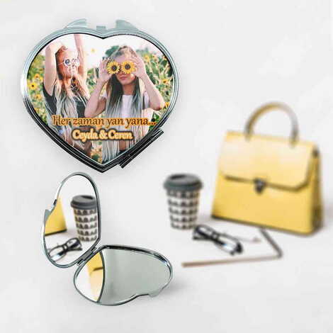 Friend Themed Customised Metal Epoxy Travel Make Up Compact Heart Shaped Mirror 70x65x8 mm - 2