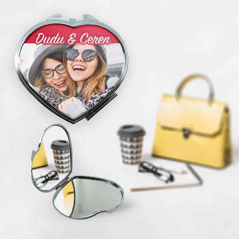 Friend Themed Customised Metal Epoxy Travel Make Up Compact Heart Shaped Mirror 70x65x8 mm - 3