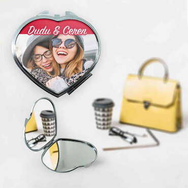 Myros - Friend Themed Customised Metal Epoxy Travel Make Up Compact Heart Shaped Mirror 70x65x8 mm