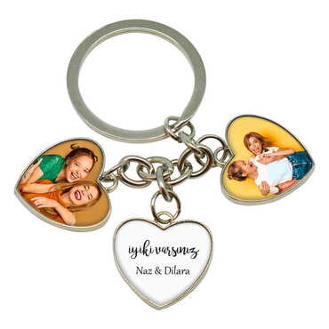 Friend Themed Metal Keychain With 3 Charms - Heart 40x85 mm