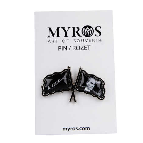 Atatürk Temalı Myros Çift Bayrak Rozet 35x20 mm - 1