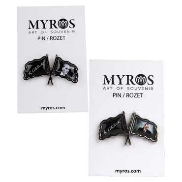 Atatürk Temalı Myros Çift Bayrak Rozet 35x20 mm - 2