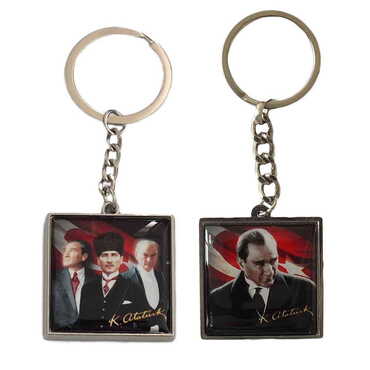Ataturk Themed Metal Square Shaped Double Face Keychain 36x95 mm - 2