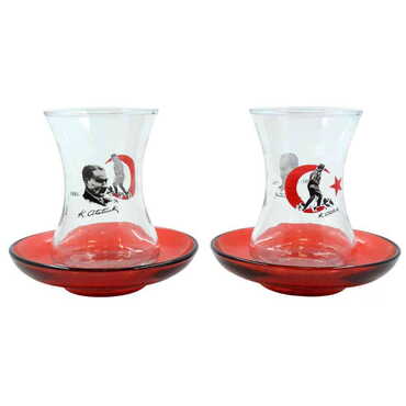 Ataturk Themed Custom Printed Turkish Tea Glass Set Of 2 Pcs - Thumbnail