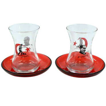 Ataturk Themed Custom Printed Turkish Tea Glass Set Of 2 Pcs - Thumbnail