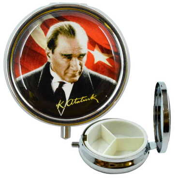 Ataturk Themed Customised Epoxy Round Pill Box 50x15 mm - Thumbnail