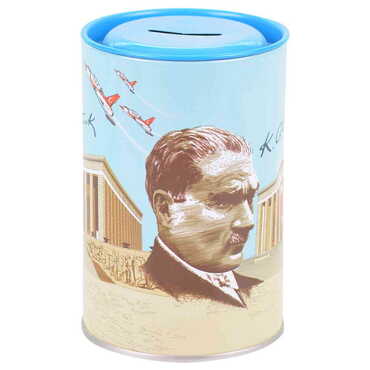 Myros - Ataturk Themed Customised Kids Tin Round Coin Box 83x83x125 mm