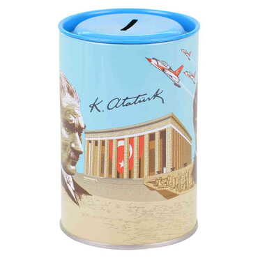 Ataturk Themed Customised Kids Tin Round Coin Box 83x83x125 mm - Thumbnail