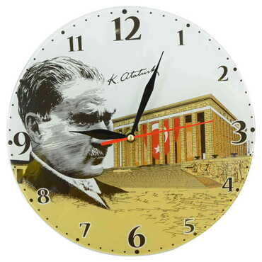 Ataturk Themed Decorative Custom Print Glass Wall Watch 25 Cm - Thumbnail