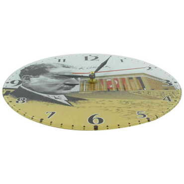 Ataturk Themed Decorative Custom Print Glass Wall Watch 25 Cm - Thumbnail