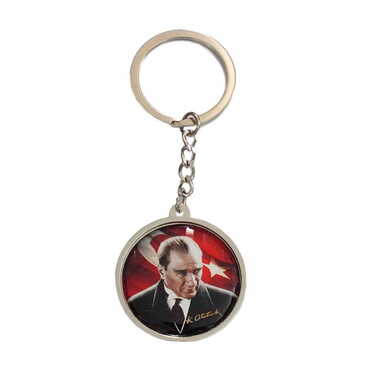 Ataturk Themed Metal Double Face Round Keychain 40x95 mm - Myros