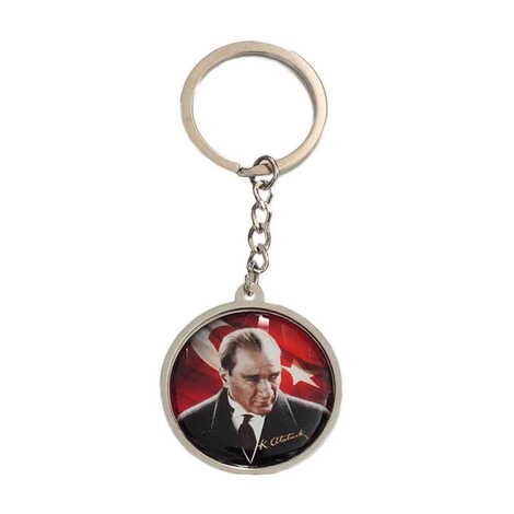 Ataturk Themed Metal Double Face Round Keychain 40x95 mm